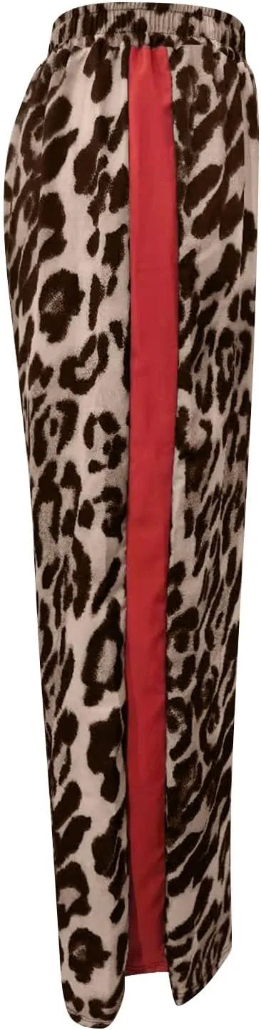 Women's Casual Leopard Pants Drawstring Print Color Block Side Striped Straight Leg Wide Leg Loose Pants