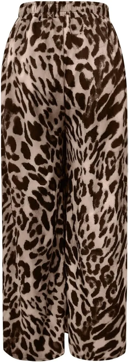 Women's Casual Leopard Pants Drawstring Print Color Block Side Striped Straight Leg Wide Leg Loose Pants
