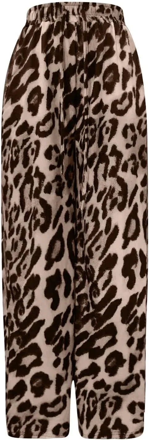 Women's Casual Leopard Pants Drawstring Print Color Block Side Striped Straight Leg Wide Leg Loose Pants