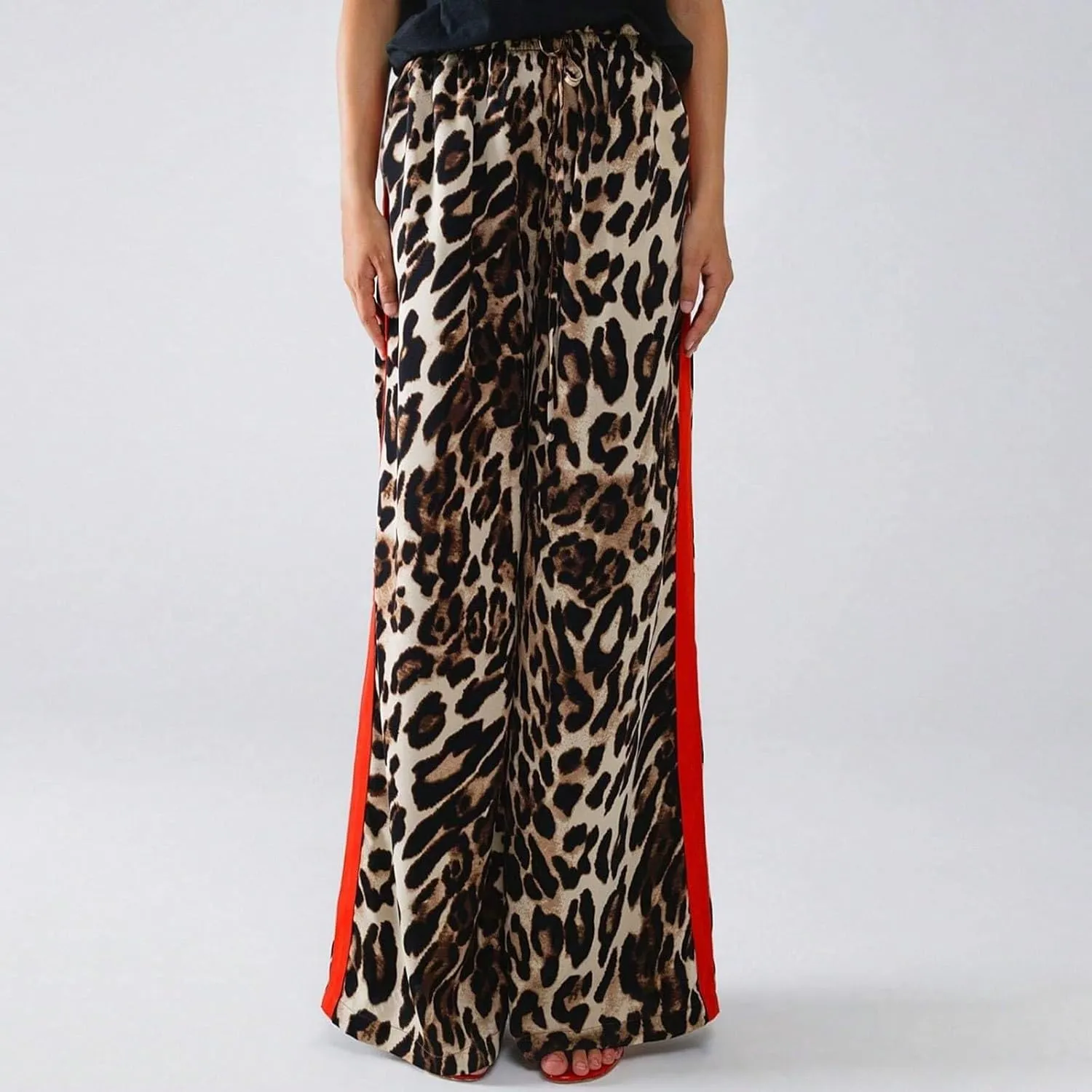 Women's Casual Leopard Pants Drawstring Print Color Block Side Striped Straight Leg Wide Leg Loose Pants