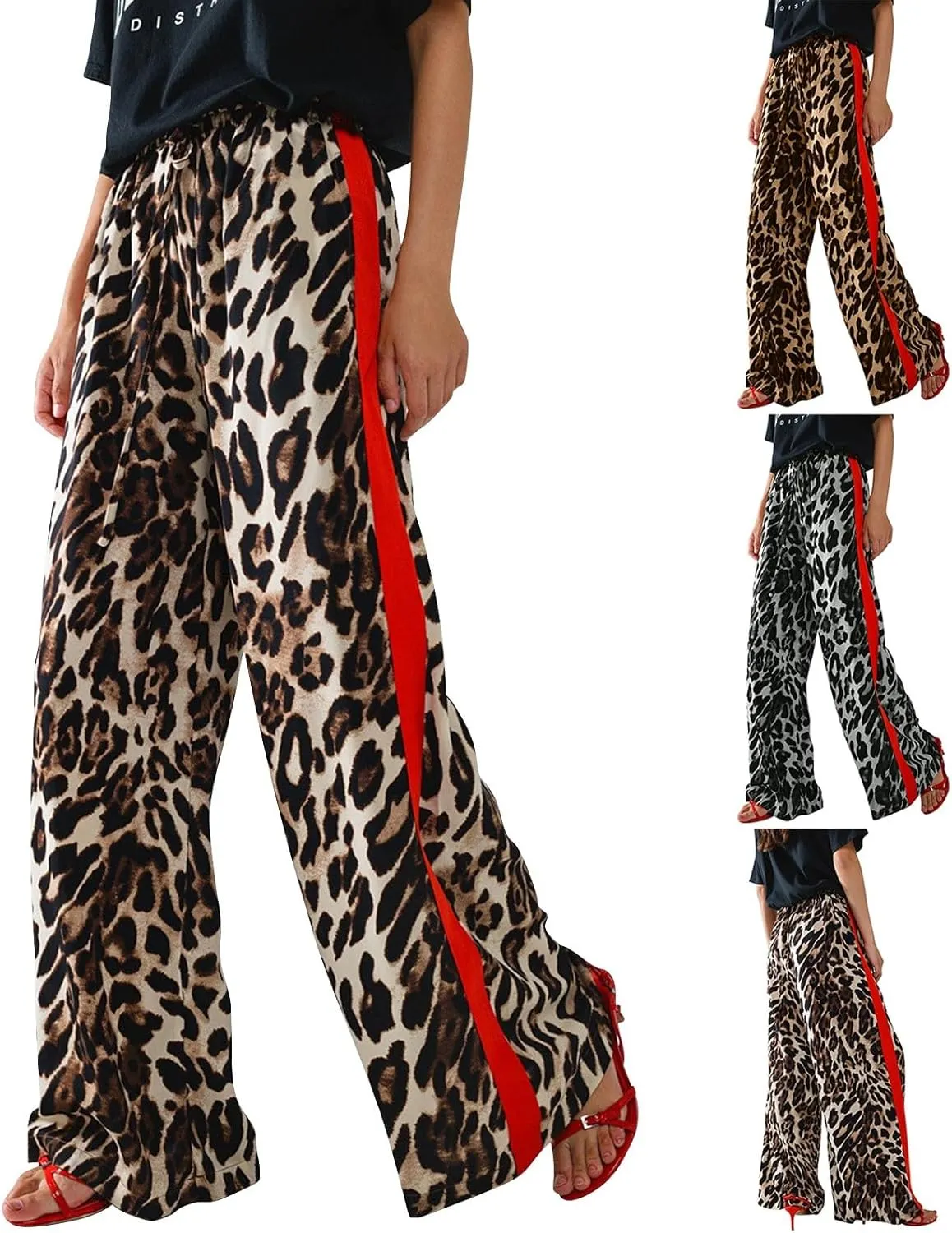 Women's Casual Leopard Pants Drawstring Print Color Block Side Striped Straight Leg Wide Leg Loose Pants