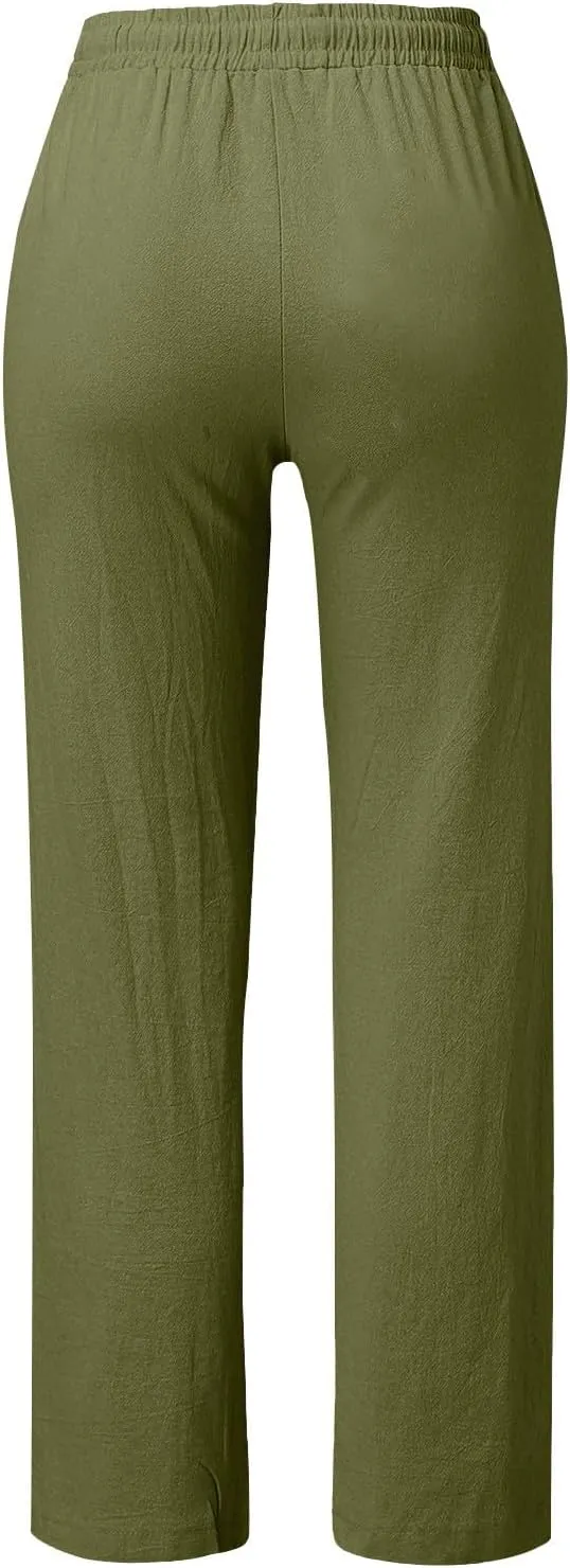 Womens Casual Linen High Waist Pants Drawstring Loose Fit Summer Pants Trousers with Side Pockets