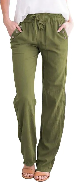 Womens Casual Linen High Waist Pants Drawstring Loose Fit Summer Pants Trousers with Side Pockets