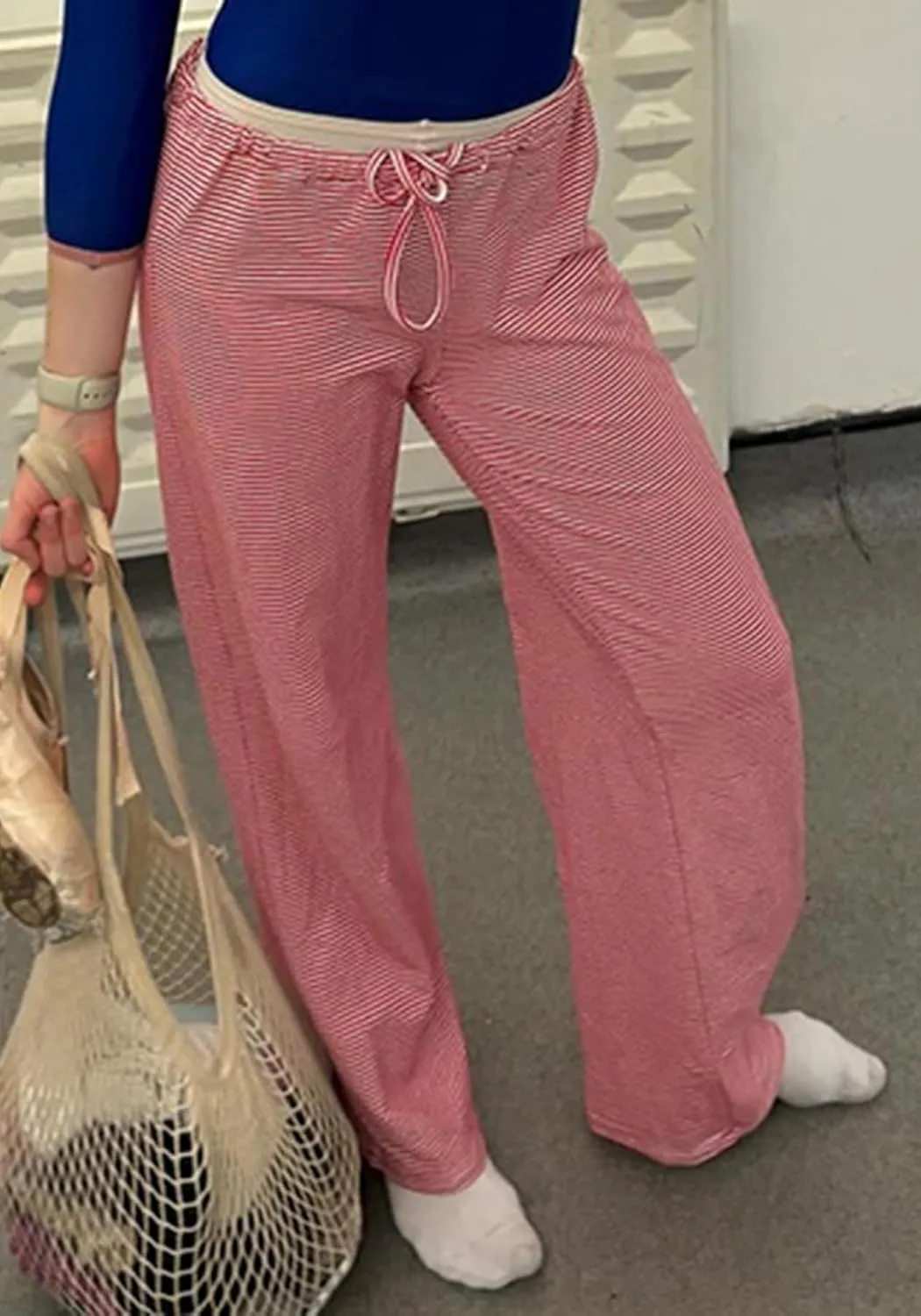 Women's Comfy Pajama Loose Casual Drawstring Lounge Pants - Striped Print Stretch Wide Leg
