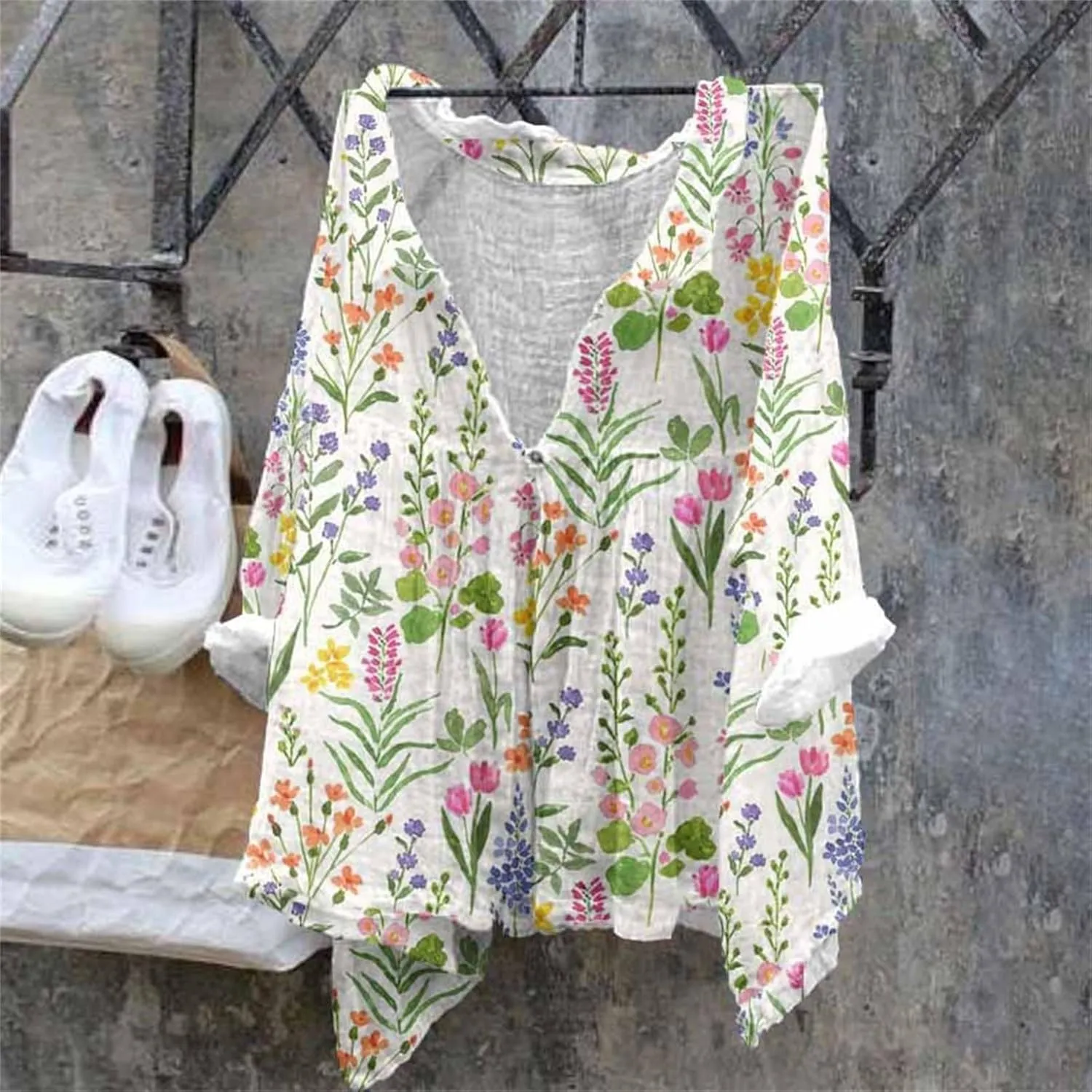 Womens Cotton Button Down Shirt Women's Floral Butterfly Print Natural Autumn Fragrant Casual Collared Blouses Loose