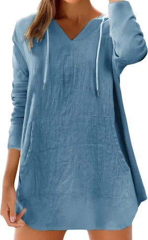 Women's Cotton Linen Long Sleeved Hooded Sweatshirt T Shirt Beach Cover Up Long Sleeved V Neck Large Pocket Shirt Tops