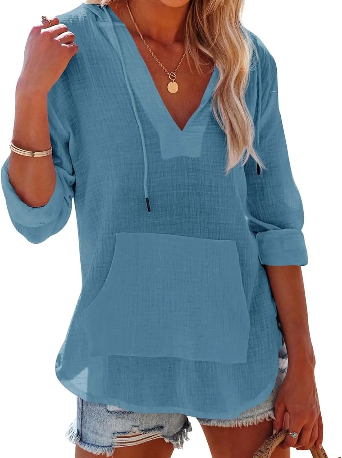 Women's Cotton Linen Long Sleeved Hooded Sweatshirt T Shirt Beach Cover Up Long Sleeved V Neck Large Pocket Shirt Tops