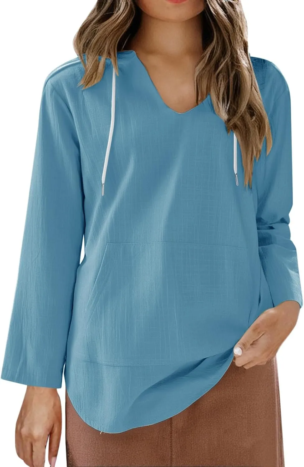 Women's Cotton Linen Long Sleeved Hooded Sweatshirt T Shirt Beach Cover Up Long Sleeved V Neck Large Pocket Shirt Tops