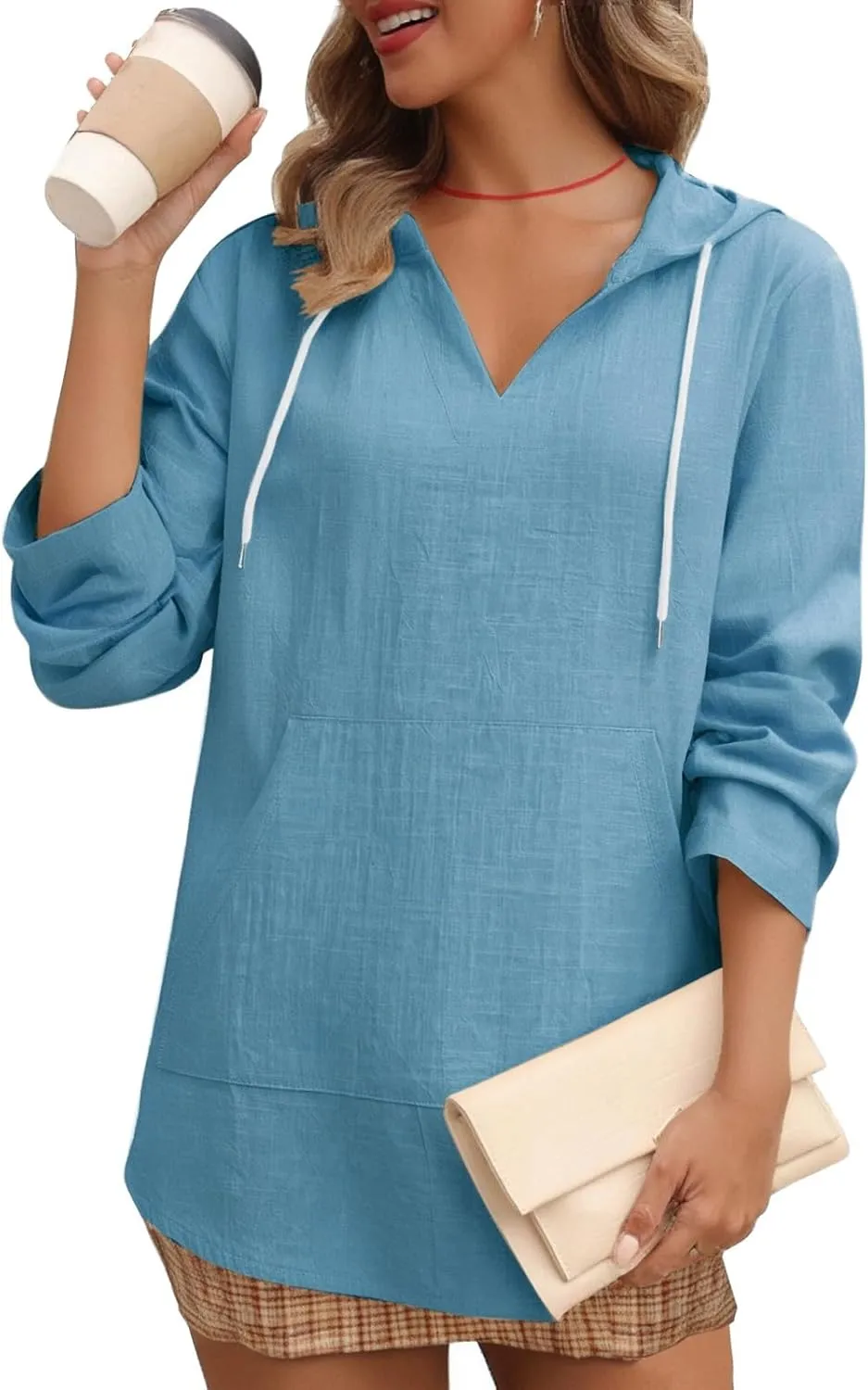 Women's Cotton Linen Long Sleeved Hooded Sweatshirt T Shirt Beach Cover Up Long Sleeved V Neck Large Pocket Shirt Tops
