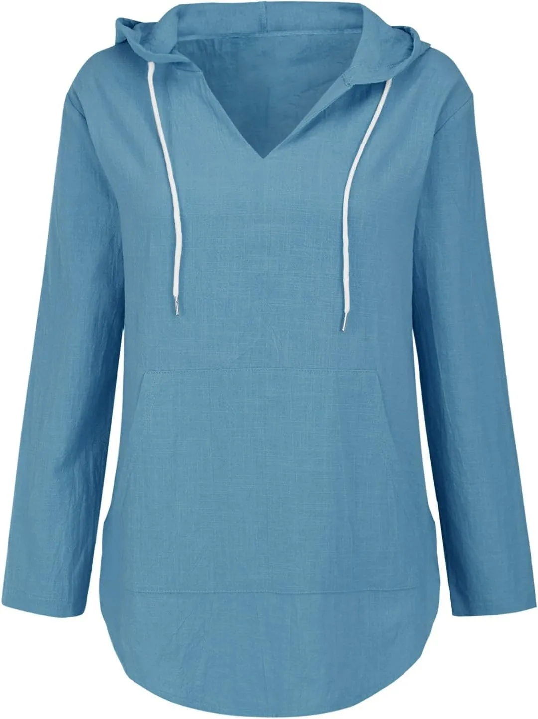 Women's Cotton Linen Long Sleeved Hooded Sweatshirt T Shirt Beach Cover Up Long Sleeved V Neck Large Pocket Shirt Tops