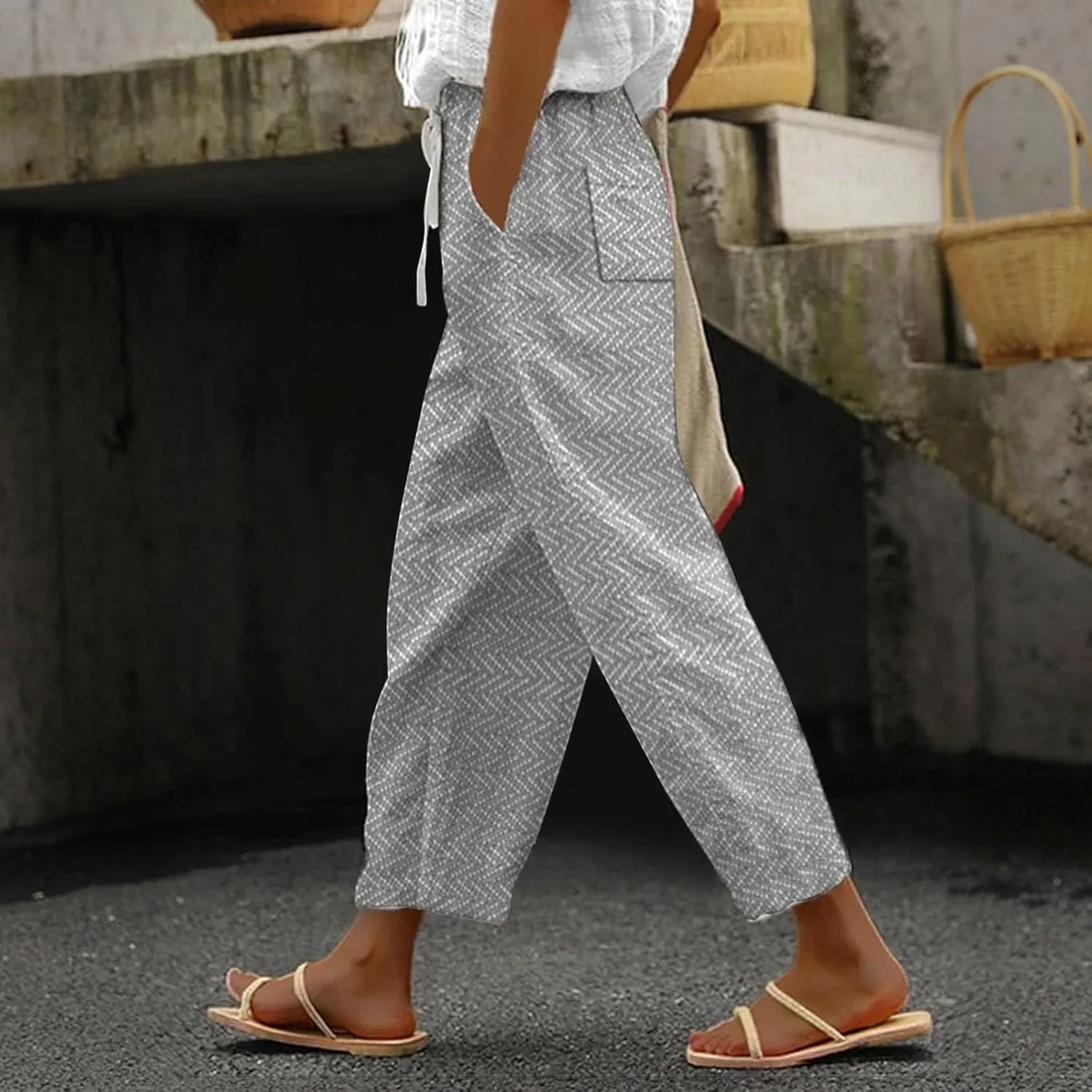 Womens Cotton Linen Pants Casual Drawstring Capri Linen Pants for Women White