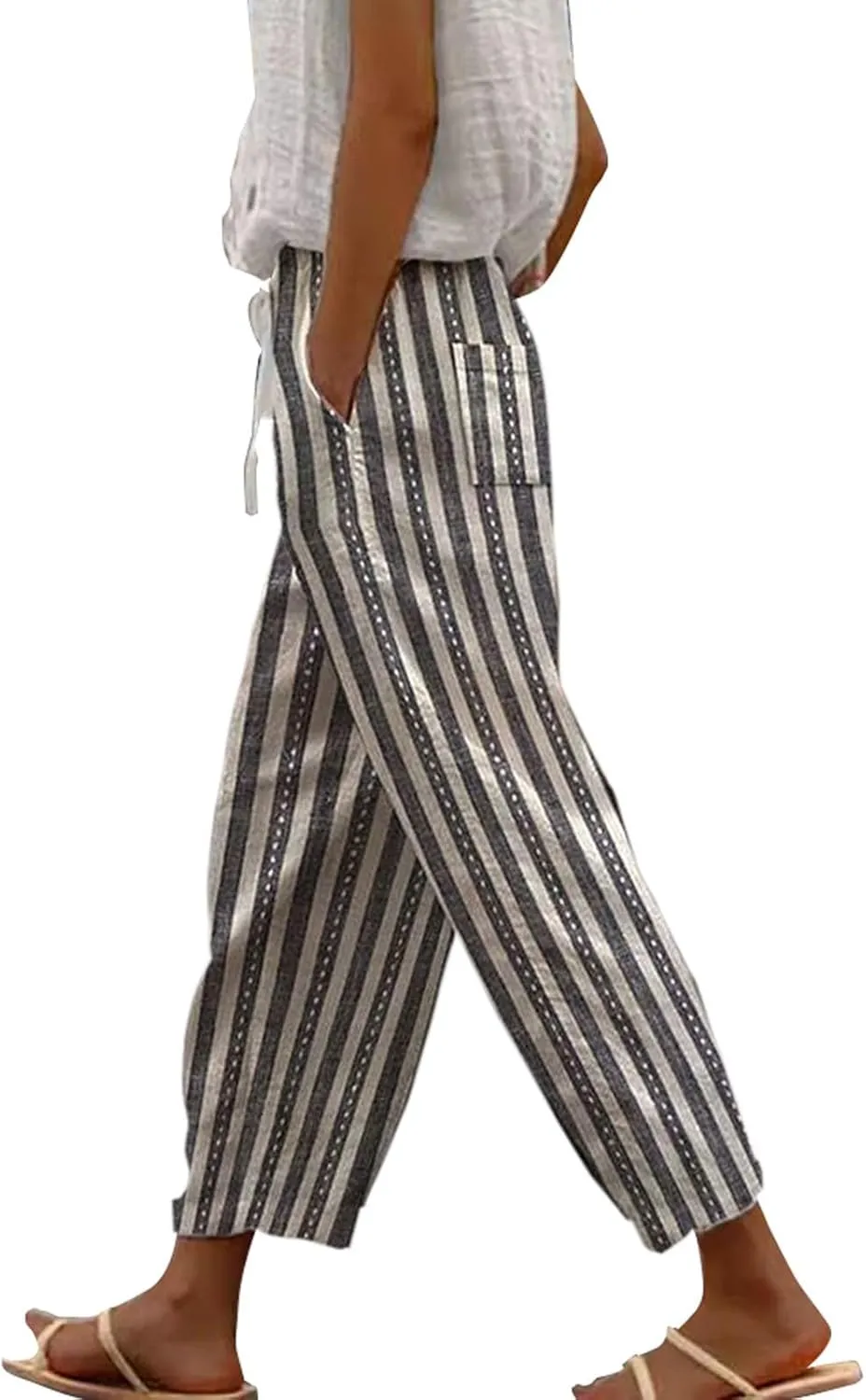 Womens Cotton Linen Pants Casual Drawstring Capri Linen Pants for Women White