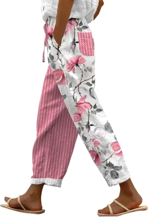 Womens Cotton Linen Pants Casual Drawstring Capri Linen Pants for Women White