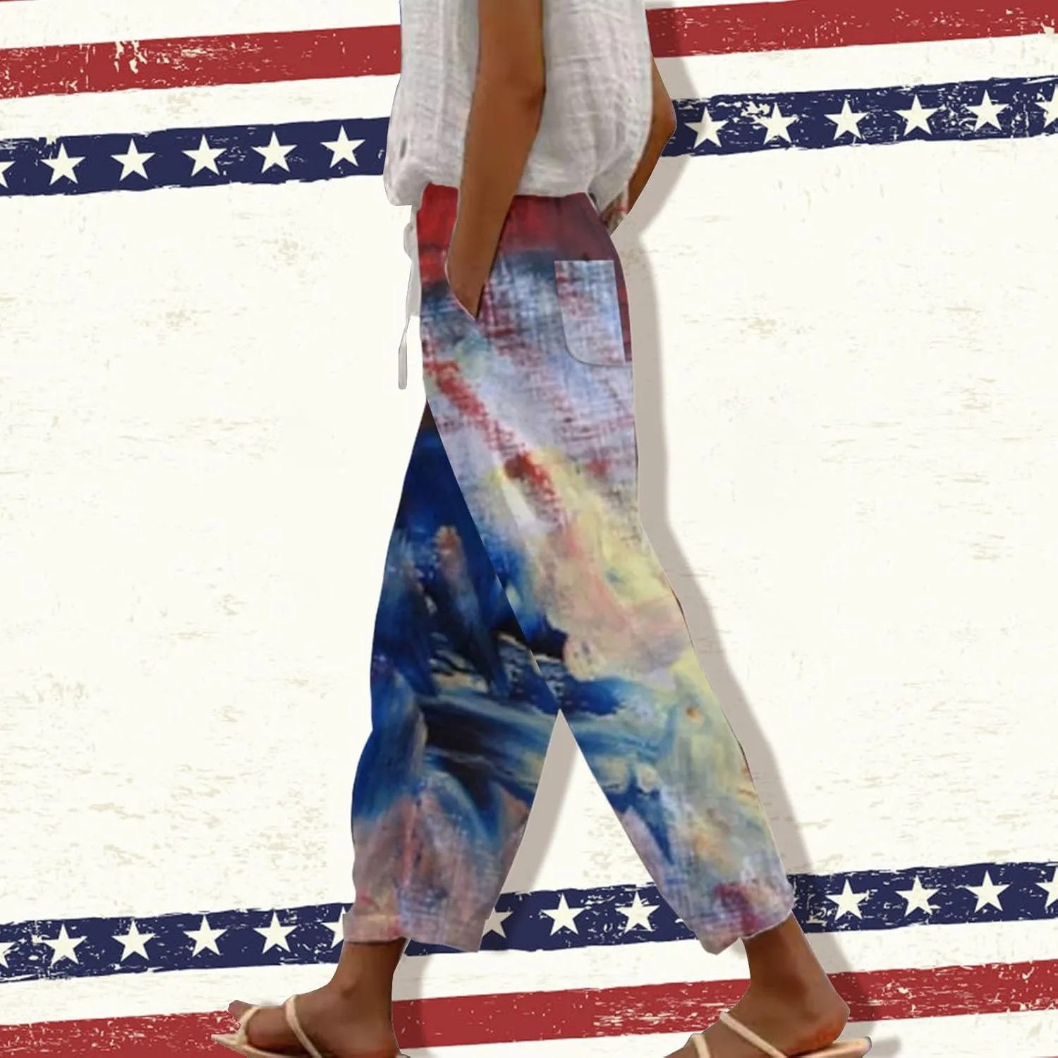 Womens Cotton Linen Pants Casual Drawstring Capri Linen Pants for Women White