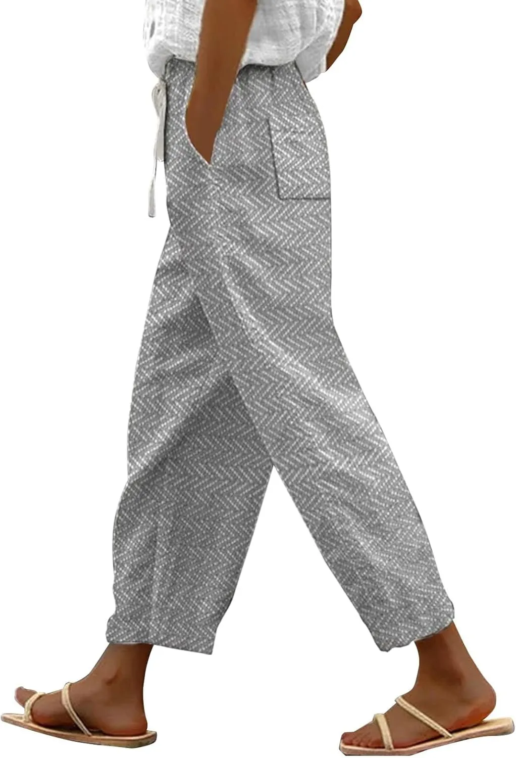 Womens Cotton Linen Pants Casual Drawstring Capri Linen Pants for Women White