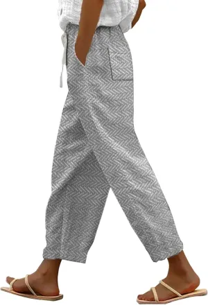 Womens Cotton Linen Pants Casual Drawstring Capri Linen Pants for Women White
