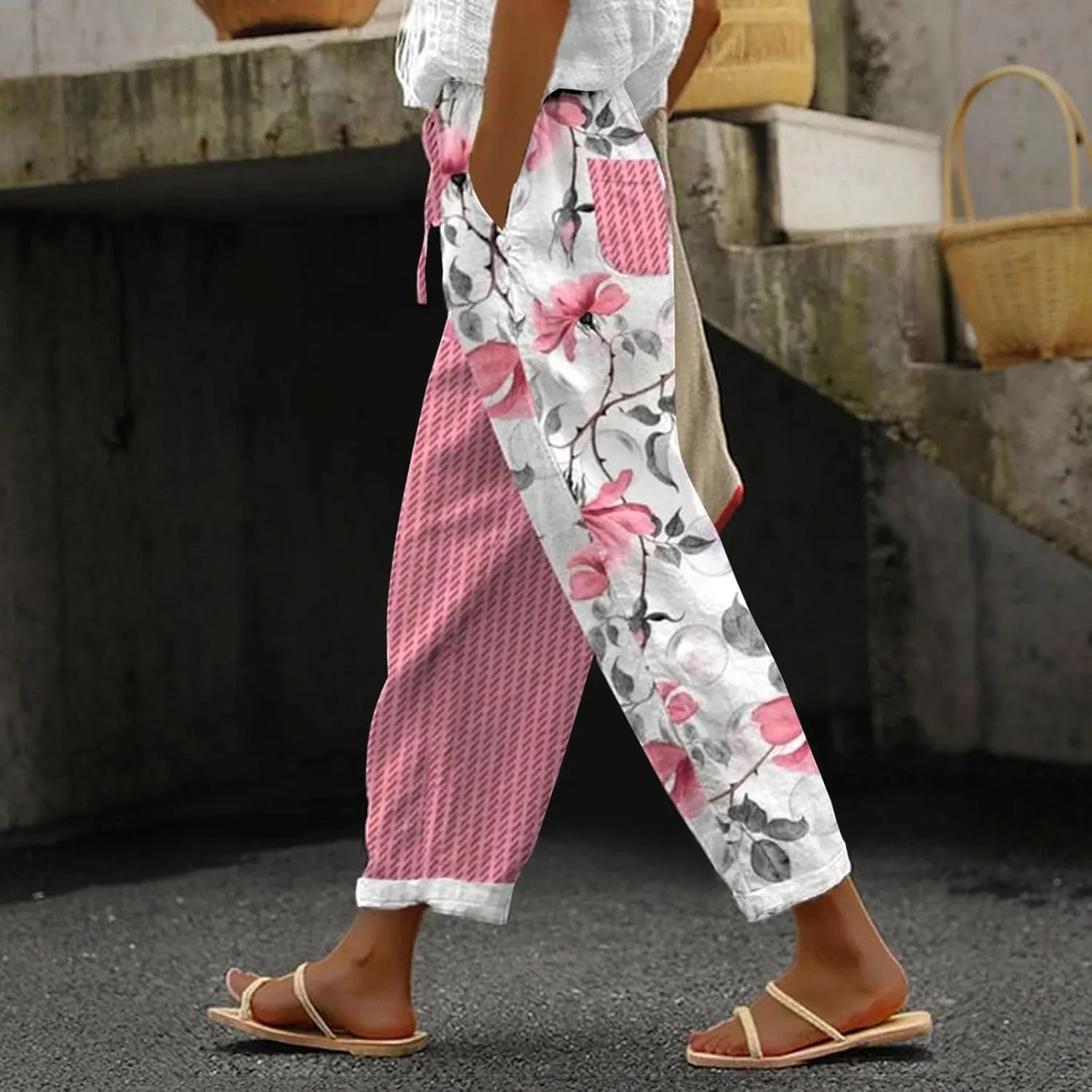 Womens Cotton Linen Pants Casual Drawstring Capri Linen Pants for Women White