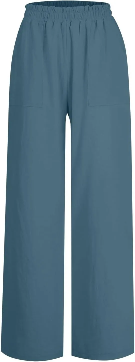Women's Cotton Linen Pants Flowy Wide Leg Beach Pants Solid Color Stretch Waist Summer Palazzo Pants with Pockets