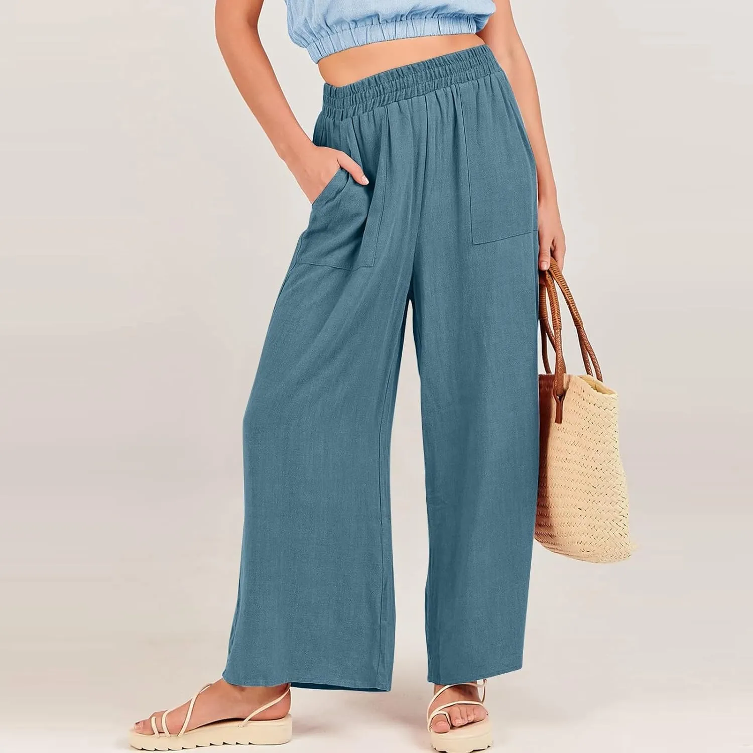 Women's Cotton Linen Pants Flowy Wide Leg Beach Pants Solid Color Stretch Waist Summer Palazzo Pants with Pockets
