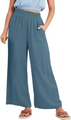 Women's Cotton Linen Pants Flowy Wide Leg Beach Pants Solid Color Stretch Waist Summer Palazzo Pants with Pockets