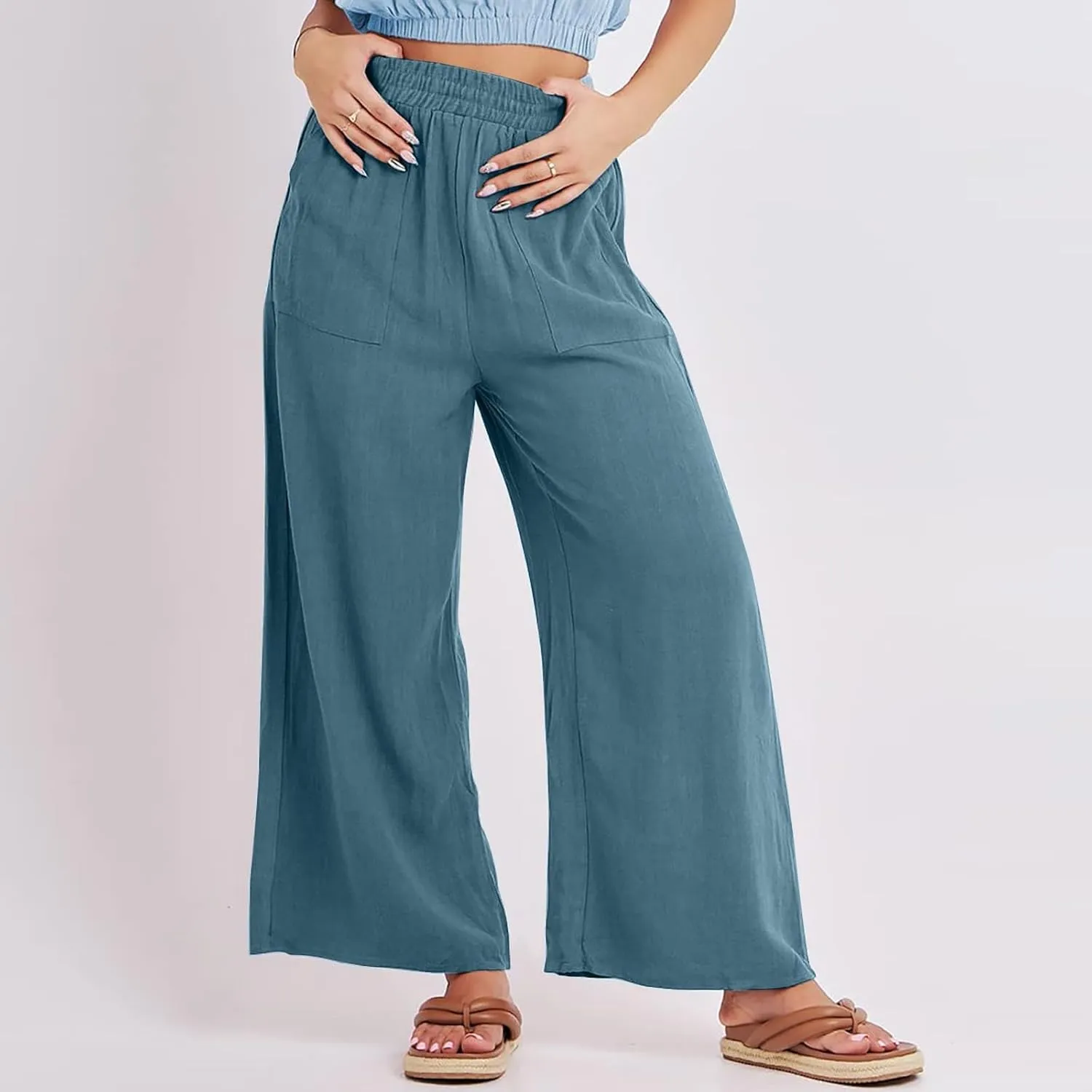 Women's Cotton Linen Pants Flowy Wide Leg Beach Pants Solid Color Stretch Waist Summer Palazzo Pants with Pockets