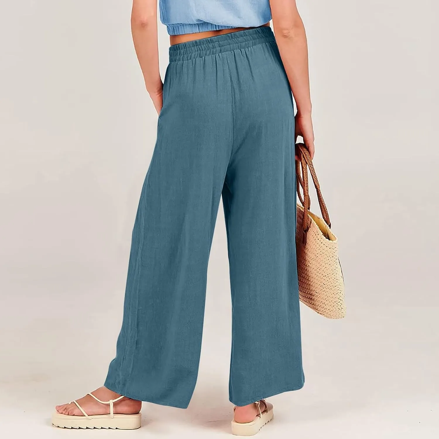 Women's Cotton Linen Pants Flowy Wide Leg Beach Pants Solid Color Stretch Waist Summer Palazzo Pants with Pockets