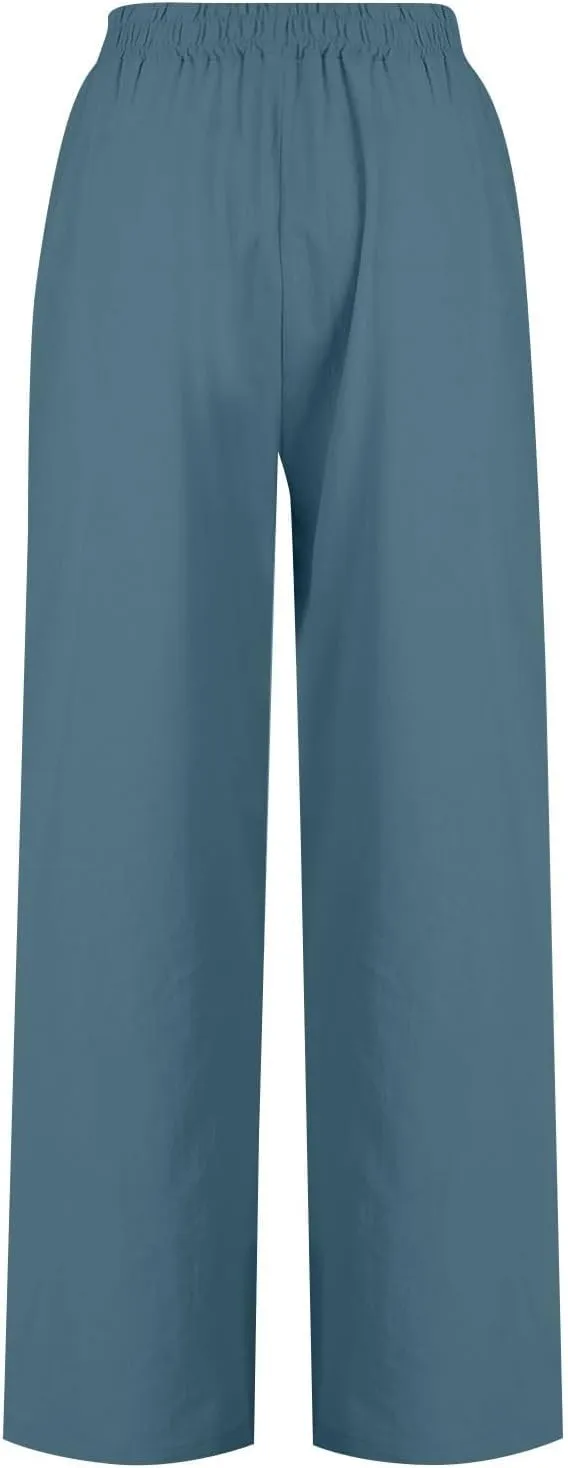 Women's Cotton Linen Pants Flowy Wide Leg Beach Pants Solid Color Stretch Waist Summer Palazzo Pants with Pockets