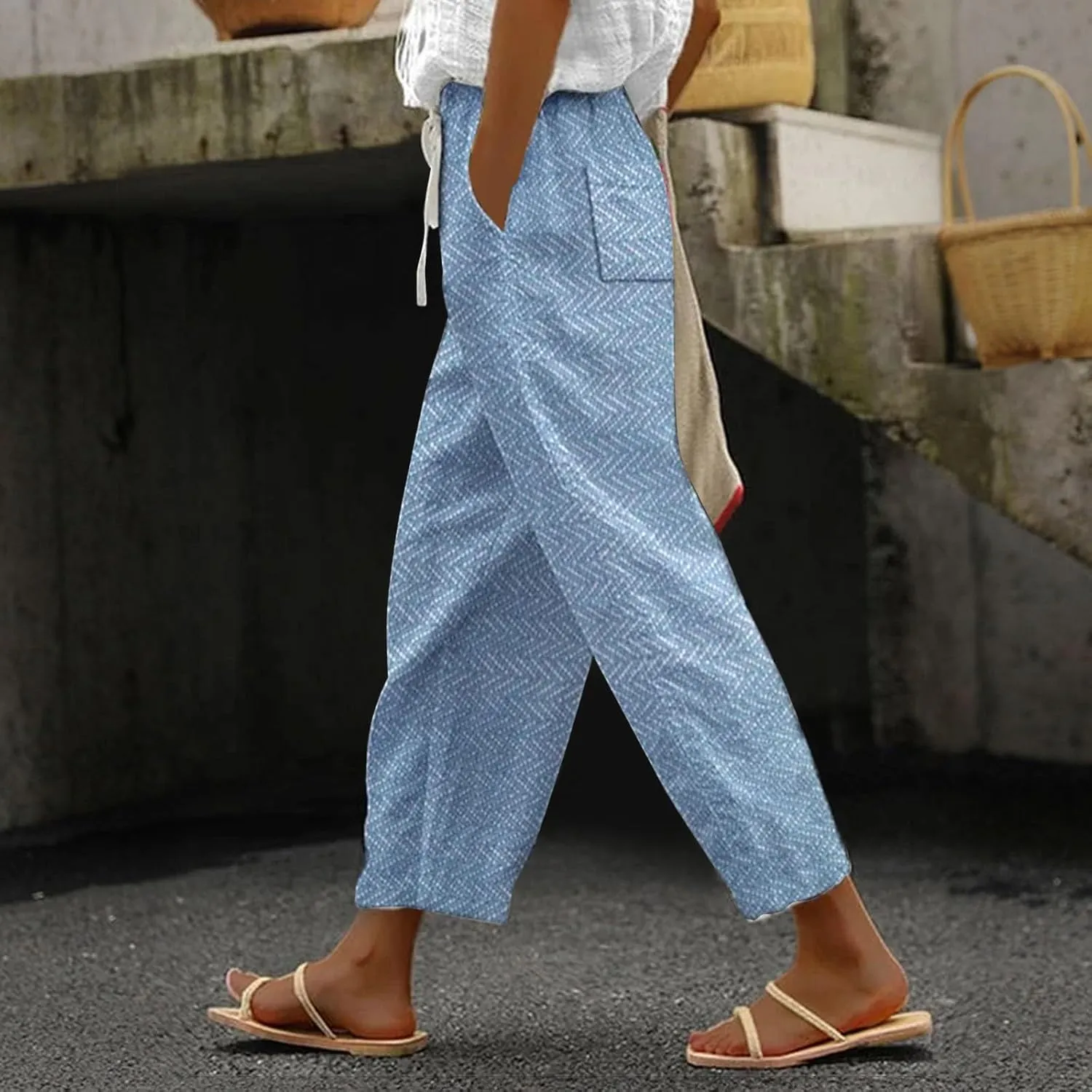 Women's Cotton Linen Pants Wide Leg Casual Loose Drawstring High Waist Palazzo Trousers Lightweight Pants
