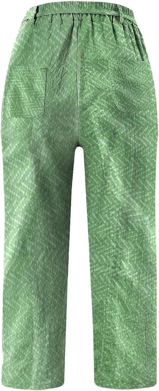 Women's Cotton Linen Pants Wide Leg Casual Loose Drawstring High Waist Palazzo Trousers Lightweight Pants