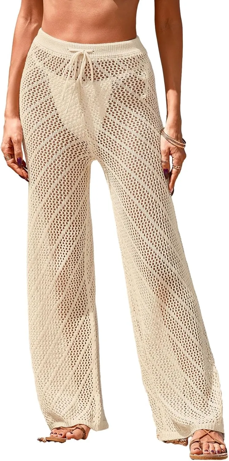 Womens Crochet Knit Elastic Waist Swimsuit Coverup Summer 2025 Striped Beach Bathing Suit Cover Up Pants
