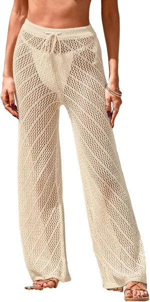Womens Crochet Knit Elastic Waist Swimsuit Coverup Summer 2025 Striped Beach Bathing Suit Cover Up Pants