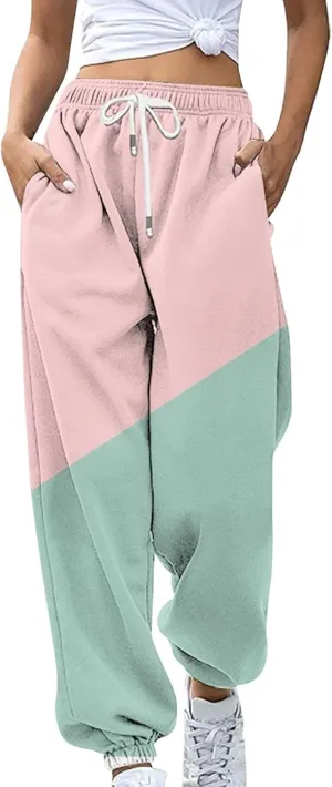 Women's Cute Two Tone Sweatpants Drawstring Elastic Waisted Cinch Bottom Joggers Workout Exercise Loose Slacks for Teen Girls