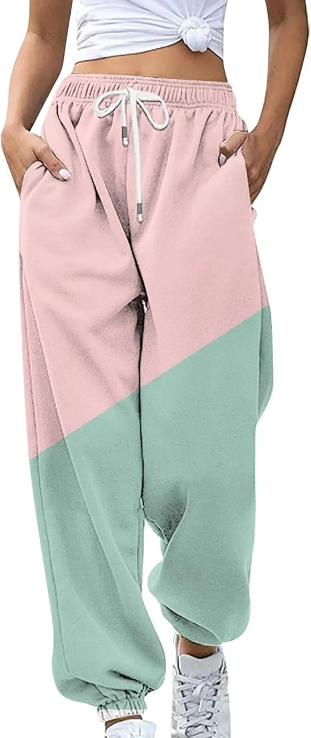Women's Cute Two Tone Sweatpants Drawstring Elastic Waisted Cinch Bottom Joggers Workout Exercise Loose Slacks for Teen Girls