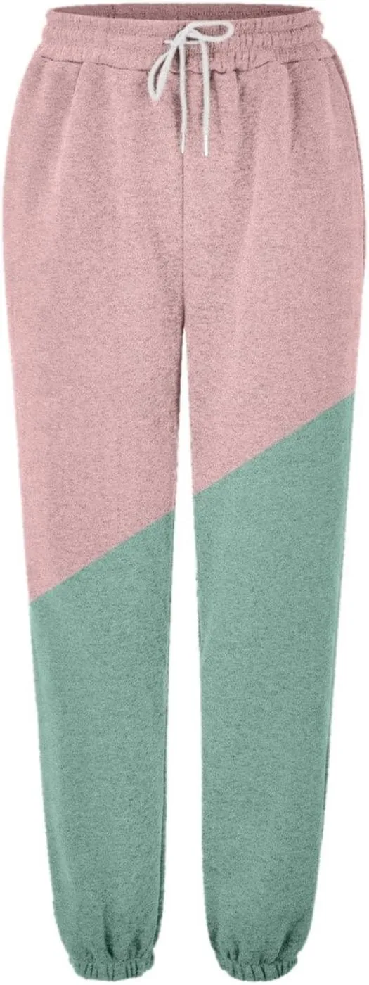 Women's Cute Two Tone Sweatpants Drawstring Elastic Waisted Cinch Bottom Joggers Workout Exercise Loose Slacks for Teen Girls