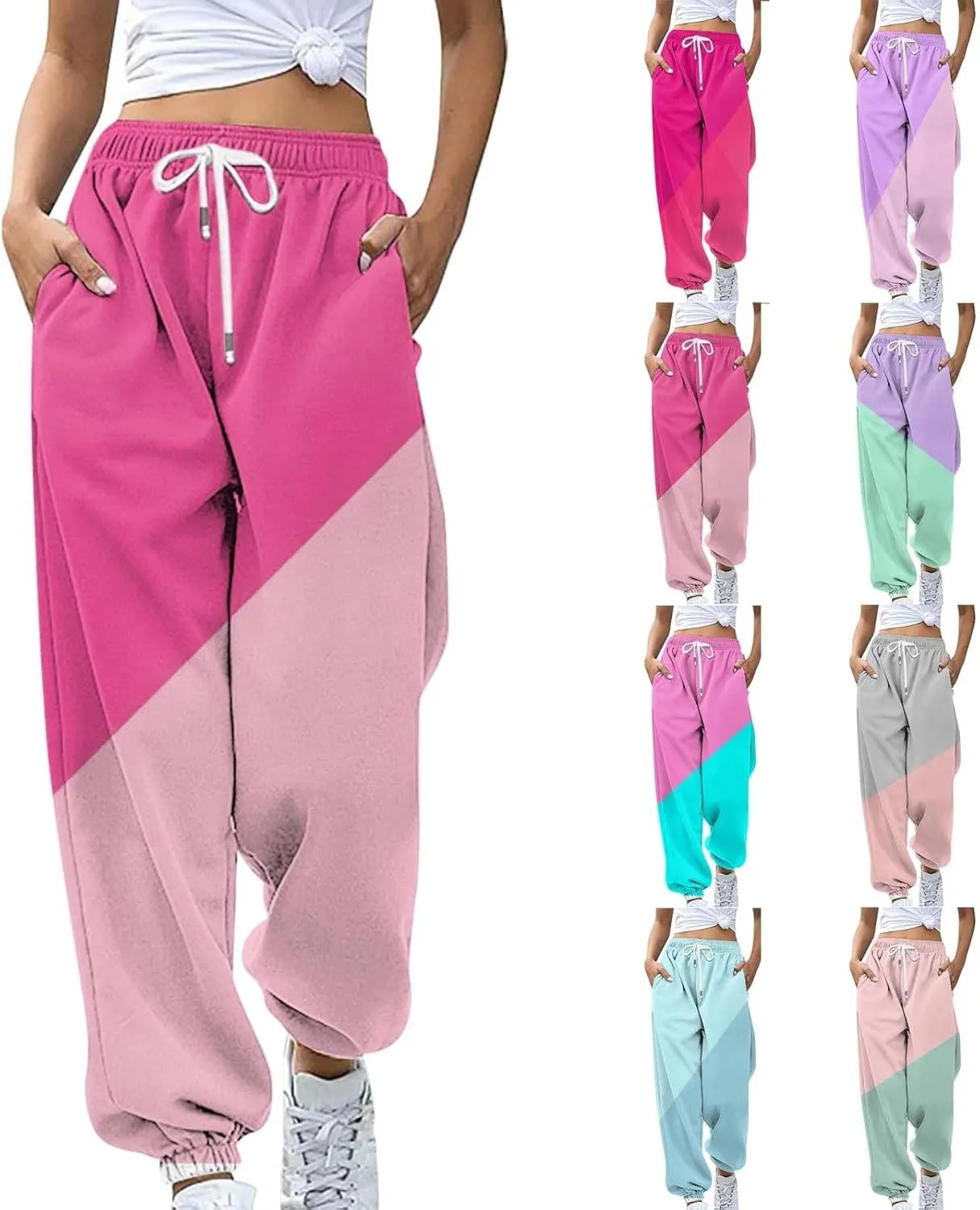 Women's Cute Two Tone Sweatpants Drawstring Elastic Waisted Cinch Bottom Joggers Workout Exercise Loose Slacks for Teen Girls