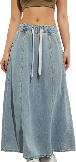 Women's Denim Long Skirts Elastic Waist Drawstring A-Line Flare Jean Skirt