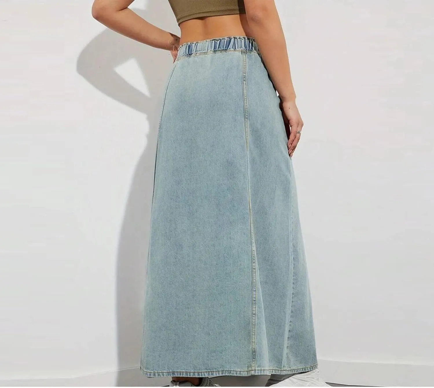 Women's Denim Long Skirts Elastic Waist Drawstring A-Line Flare Jean Skirt