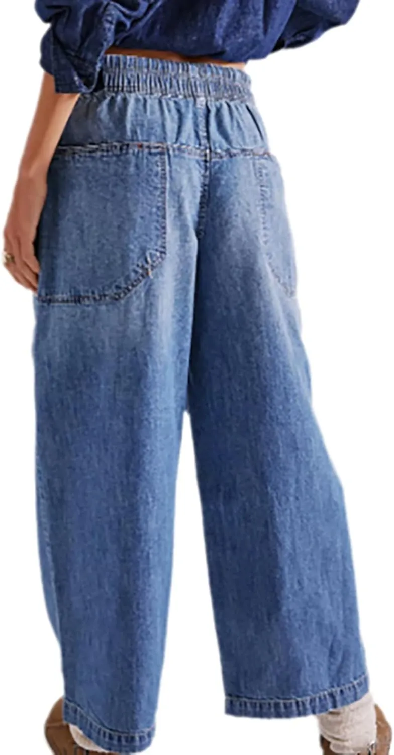 Women's Drawstring Baggy Jeans Trendy Elastic Waisted Boyfriend Wide Leg Denim Pants