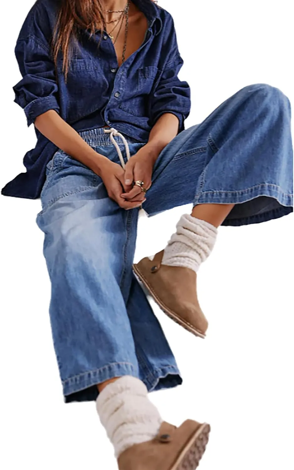 Women's Drawstring Baggy Jeans Trendy Elastic Waisted Boyfriend Wide Leg Denim Pants
