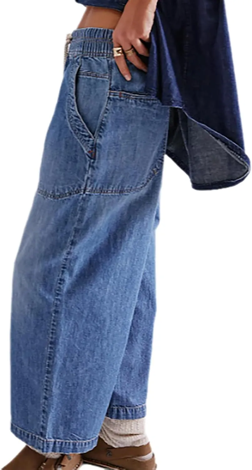 Women's Drawstring Baggy Jeans Trendy Elastic Waisted Boyfriend Wide Leg Denim Pants