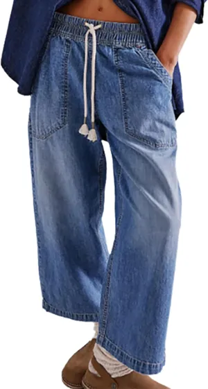 Women's Drawstring Baggy Jeans Trendy Elastic Waisted Boyfriend Wide Leg Denim Pants