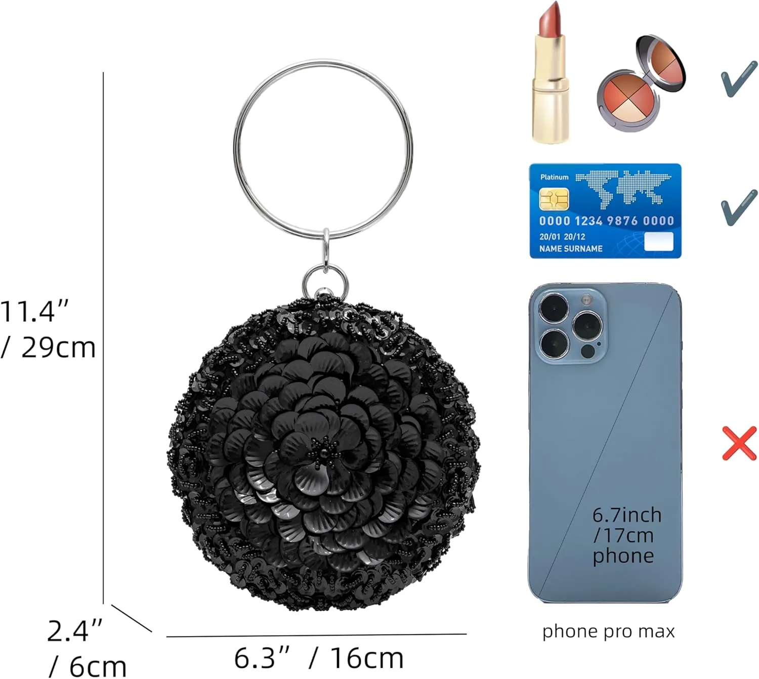 Women's Elegant Round Beaded Floral Sequin Evening Bag for Weddings, Parties, Formal Events and Outings
