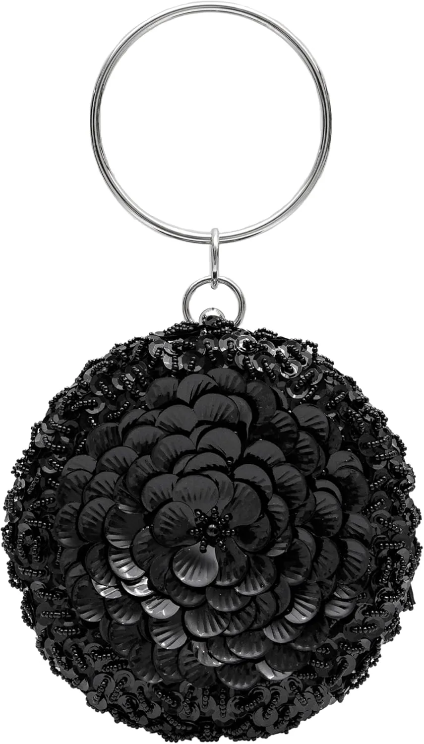 Women's Elegant Round Beaded Floral Sequin Evening Bag for Weddings, Parties, Formal Events and Outings