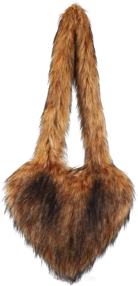 Womens Faux Fur Shoulder Bag Furry Purse Handbag Crossbody Bag Heart Shaped with Shoulder Strap