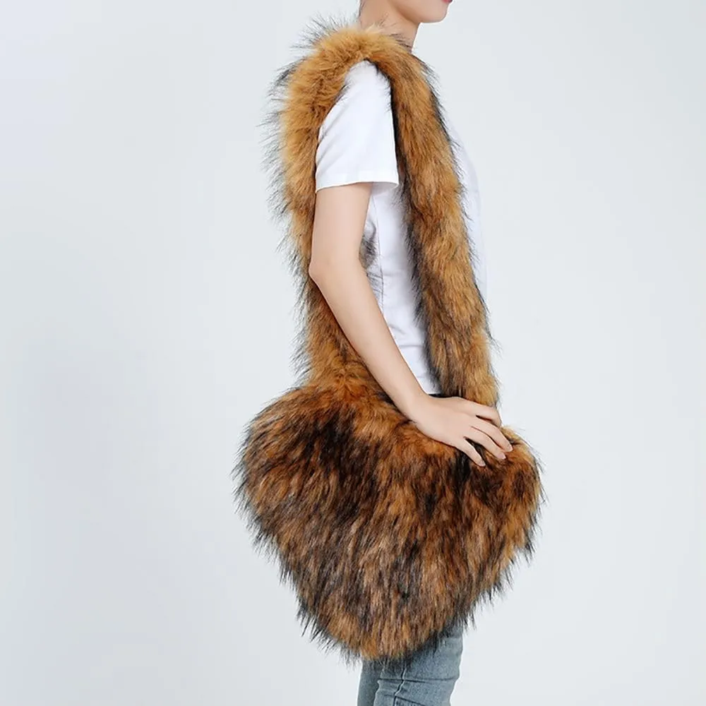 Womens Faux Fur Shoulder Bag Furry Purse Handbag Crossbody Bag Heart Shaped with Shoulder Strap