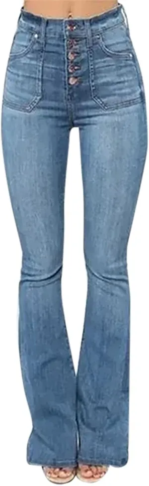 Women's Flare Bell Bottom Jeans Wide Leg Jeans Button High Waist Bootcut Pants Stretch Tummy Control Denim Pants