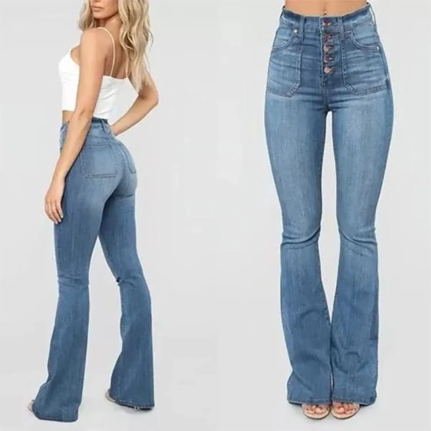 Women's Flare Bell Bottom Jeans Wide Leg Jeans Button High Waist Bootcut Pants Stretch Tummy Control Denim Pants