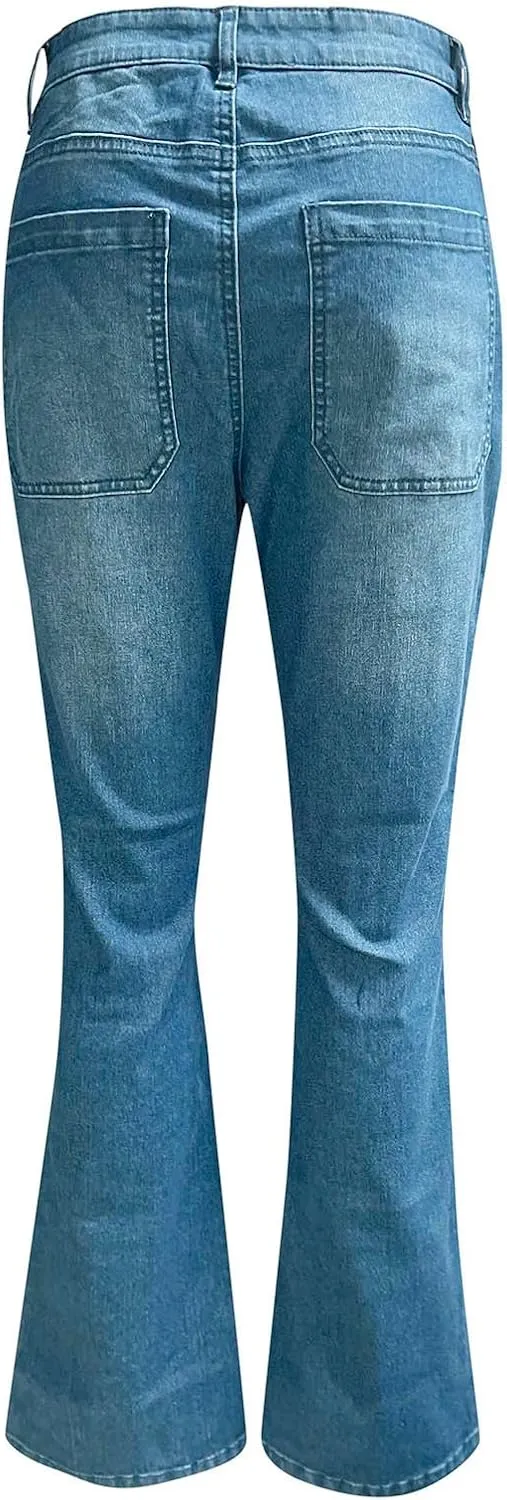 Women's Flare Bell Bottom Jeans Wide Leg Jeans Button High Waist Bootcut Pants Stretch Tummy Control Denim Pants