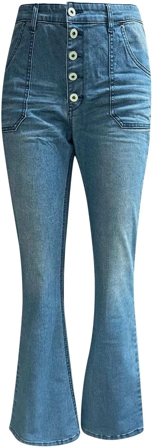 Women's Flare Bell Bottom Jeans Wide Leg Jeans Button High Waist Bootcut Pants Stretch Tummy Control Denim Pants