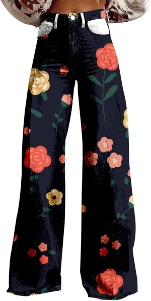 Women's Flare Wide Leg Baggy High Waisted Pants Vintage Floral Print Casual Straight Colorful Trouser with Pockets